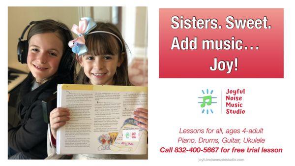 Sisters are even sweeter when they share music lessons! Get a free trial lesson for Piano