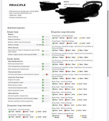 This is the inspection done by Principle Toyota after I purchased the FJ Cruiser from Jim Keras Chevrolet on Covington Pike.