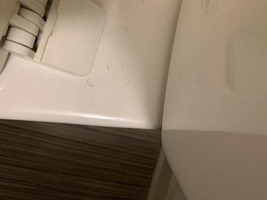 Pubic hairs on toilet AFTER cleaning.