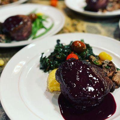 Filet Mignon with Cabernet Demi-Glacé Creamy Polenta with Wild Mushroom Ragout and Rainbow Chard with Charred Tomatoes