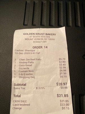 Receipt highlighting 10 cent bag charge