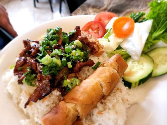 Com tam thit nuong (broken rice with grilled pork) and an egg roll and tau hu ky (fried shrimp paste)