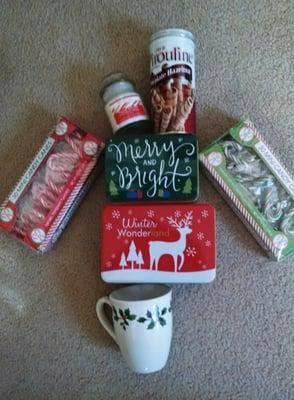 Holiday goodies: two tins, mini candy canes, peppermint candle in a jar, Pirouline cookies, and a holly mug. $1 each!!