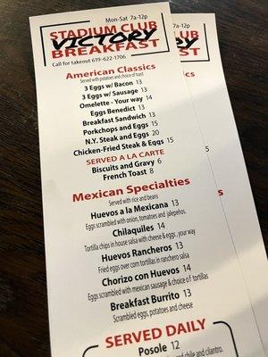 Breakfast menu