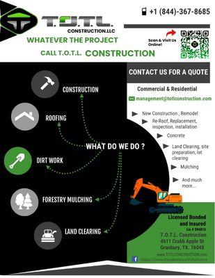 WHAT DO WE DO ?
CONSTRUCTION
ROOFING
DIRT WORK
FORESTRY MULCHING
LAND CLEARING
Located in TEXAS and operate nationally