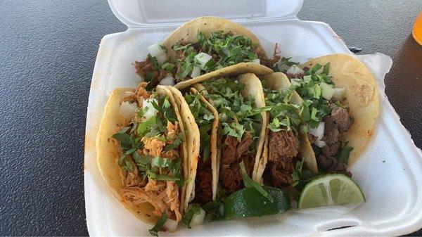 (Top, then left to right) Carnitas, chicken, birria, and steak.