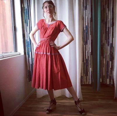 Vintage 1950s patio dress made from 1930s fabric, modeled by one of my best customers