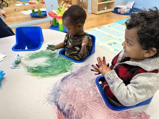 Sensory play is highly encouraged! Mixing colors with our hands ensures learning will stick