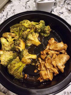 Pint size broccoli and a scoop of some chicken.