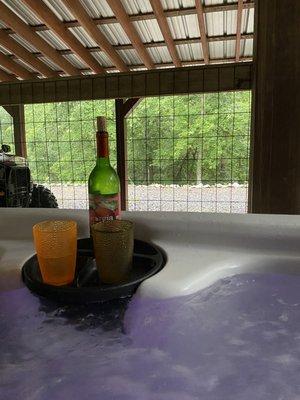 Enjoy a glass of your favorite wine or try our local wineries, while relaxing in the 7 person jacuzzi