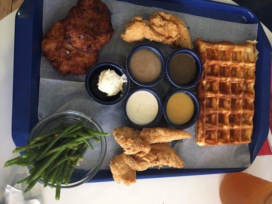 Three chicken tenders, waffle with bacon & maple bourbon syrup.