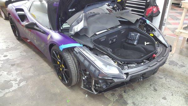 Ferrari 488 in for radar and custom build carbon fiber skid plates for the front bumper.