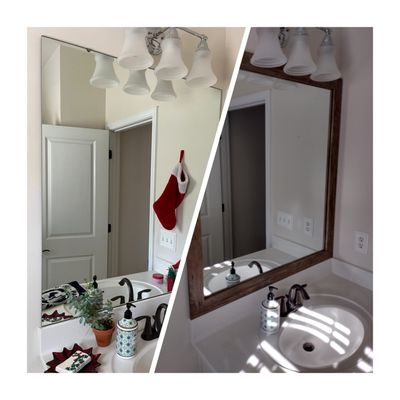 Custom built frame on bathroom mirror.