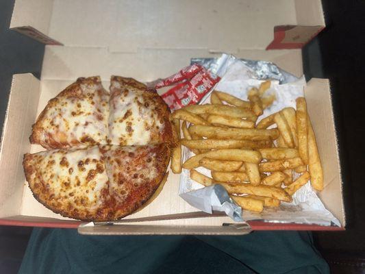 Personal Pan cheese pizza and fries