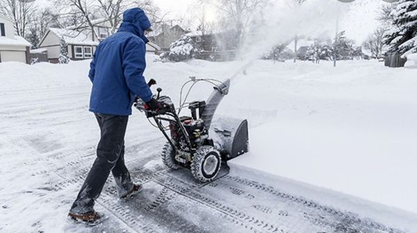 Driveway being plowed in a small parking lot next to it