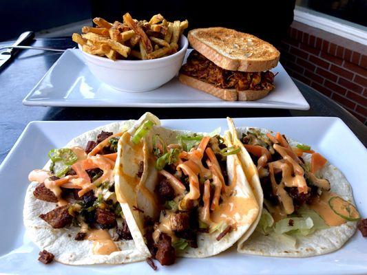 Pork Belly Tacos and Vegan Pulled BBQ Jackfruit on GF Bread. Either choice is a winner.