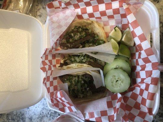 Three lengua (beef tongue) tacos