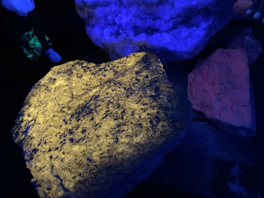 Minerals reflect different colors under fluorescent lights.