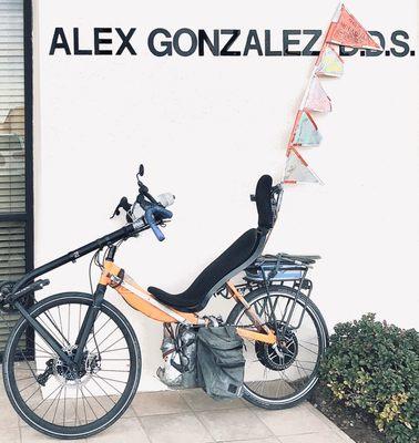 My eBikeKit-assisted CruzBike parked outside his office.