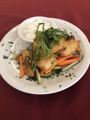 Fried cod fish with matchstick vegetables