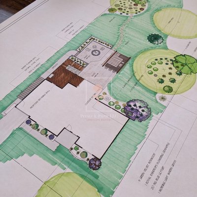 Design for backyard patio with outdoor kitchen and usable yard space.