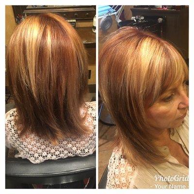 Color with some blonde chunky highlights