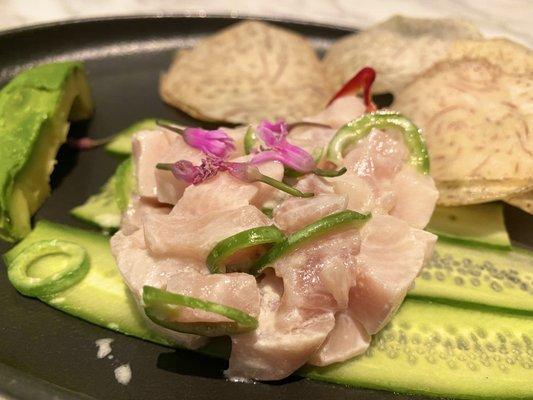 Hamachi Ceviche: Avocado, shallots, yuzu, jalapeño and fresno peppers, cilantro, taro chips