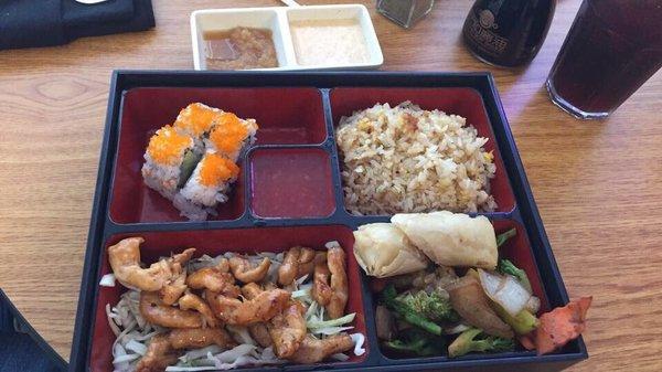 Chicken teriyaki bento box!!! 4 piece of California rolls, fried rice, chicken teriyaki, vegetable and spring roll!!!