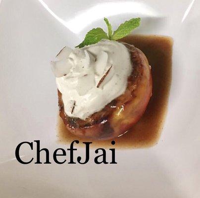 Caramelized Peach in Brown Sugar-Brandy Sauce               Fresh Coconut Whipped Cream