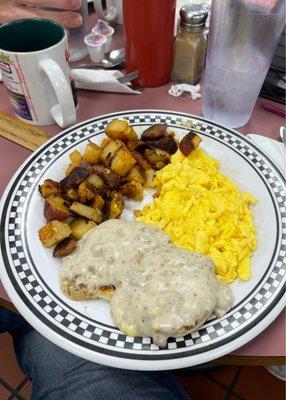 Southern Breakfast with a grilled split biscuit and creamy sausage gravy