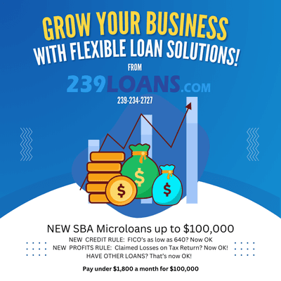 SBA Microloans from $15k to $50k. We also offer SBA BOLT and FLASH loans from $60k to up to $350k. And SBA 7a from $350k - $5MM!