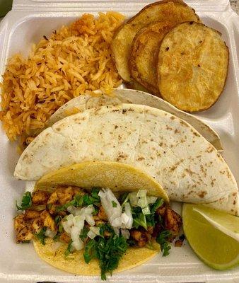 Mexican rice, potato tempura, chicken tacos on corn/flour tortilla