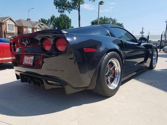 installed a full carbon fiber package including splitter, side skirts, spoiler, and race diffuser. Also installed weld racing wheels.