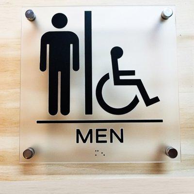 Clear Men's restroom sign with stand offs for mounting