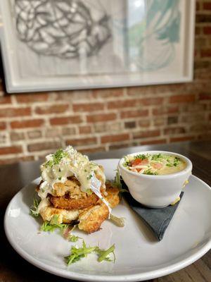 fried green tomato + crab cake biscuit