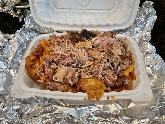 Big Ass Pulled Pork over waffle fries without added seasoning and sauce on the side