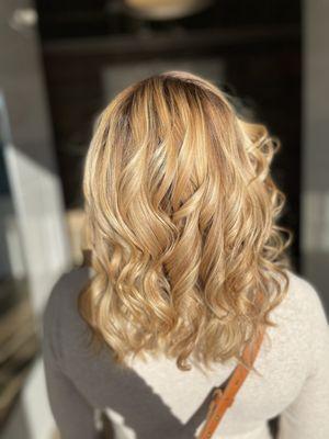 Root touchup, highlights, blowdry curl styling