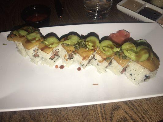 Taki taki roll: steak, bacon, cream cheese, maduro, guacamole, chimichurri