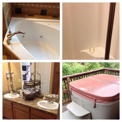 Our tub in the bathroom and the hot tub on the patio