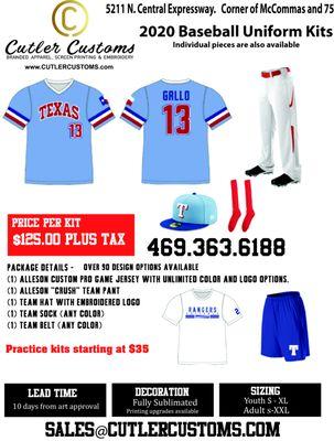 Baseball uniforms and spiritwear.