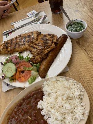 Whole chicken, plantain, rice and beans, salad