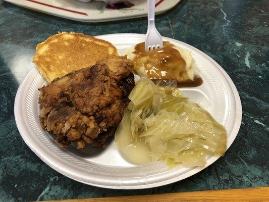 Fried Chicken, Mashed Potatoes, Cabbage