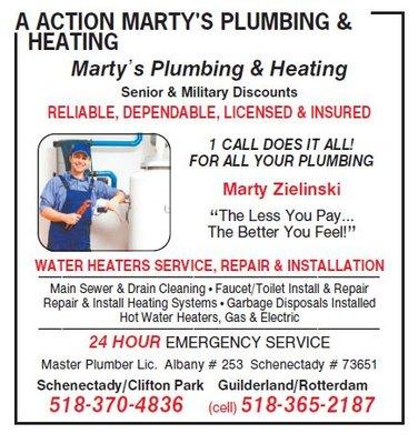 Marty's Plumbing & Heating, licensed & insured.  Reliable & Dependable Plumber