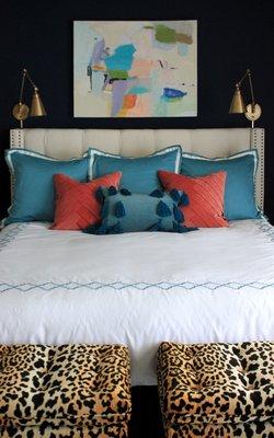 This bold & eclectic master bedroom started off bland & beige. Shana encouraged her client to embrace color & the result was perfection!