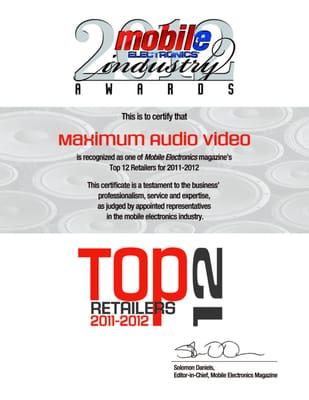 Mobile Electronics Magazine Picked Maximum Audio Video as one of the Top 12 Mobile Electronics Retailers for 2011-2012