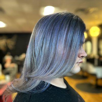 Dusty Blue:  Services used include partial foil highlight, hair color, haircut and style