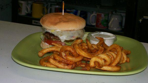 Our customer favorite- Cheese Burger and fries.  This one with pepper jack cheese.  Big and juicy!