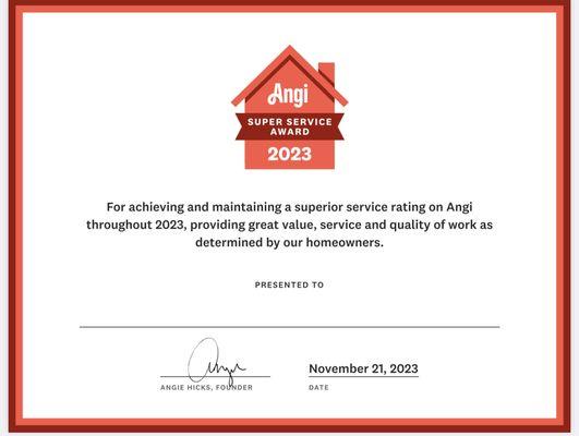 2023 Angi Super Service Award