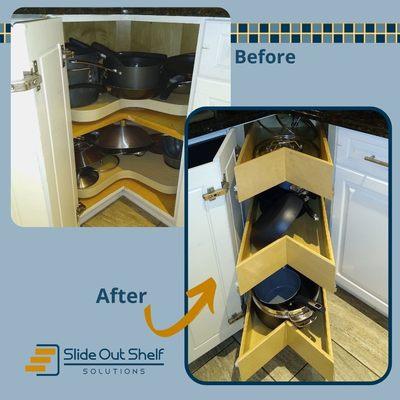 Solutions for your pesky corner cabinets to replace your lazy susan with slide out shelves!