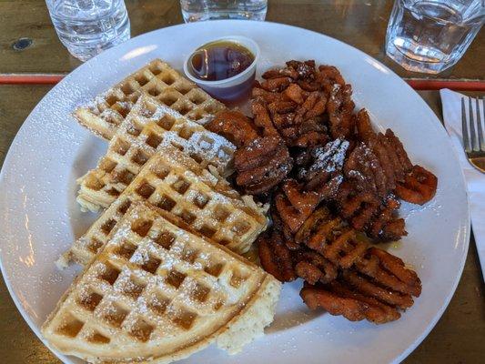 A Waffle House...chicken stuffed waffles with sweet potato waffle fries!